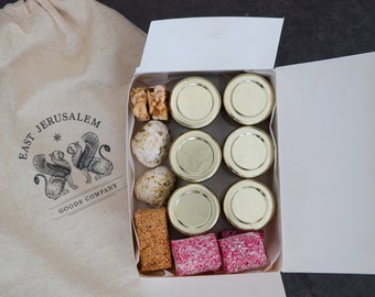 Caja de regalo de Jerusalén: Tahini, Almíbar, Caramelos, caja de snacks todo natural.