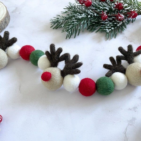 Christmas Garland - Christmas Bunting - Festive Pom Pom Banner - Xmas Decorations - Mantle Decor - Reindeer Shelf Decor - Felt