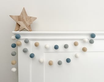 Blue Neutral Garland - Pom Pom Garland - Nursery Decor - Baby Shower Gift - Party Decoration - Colourful Playroom - Kids Room - Shelf Decor