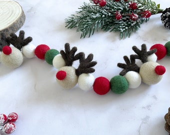Christmas Garland - Christmas Bunting - Festive Pom Pom Banner - Xmas Decorations - Mantle Decor - Reindeer Shelf Decor - Felt