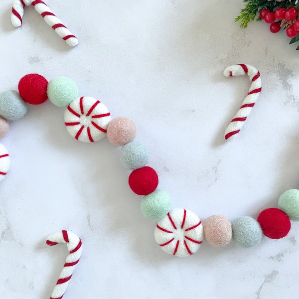 Christmas Garland - Peppermint Candy Garland - Felt Ball Bunting - Festive Pom Pom Banner - Xmas Decoration - Mantle Shelf Decor