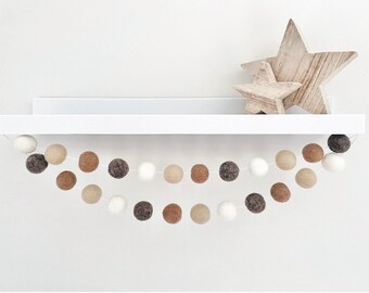 Neutral Brown Felt Ball Garland - Pom Pom Garland - Nursery Decor - Baby Shower Gift - Party Decoration - Playroom - Kids Room - Shelf Decor