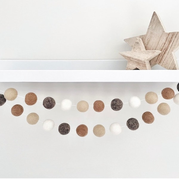 Neutral Brown Felt Ball Garland - Pom Pom Garland - Nursery Decor - Baby Shower Gift - Party Decoration - Playroom - Kids Room - Shelf Decor