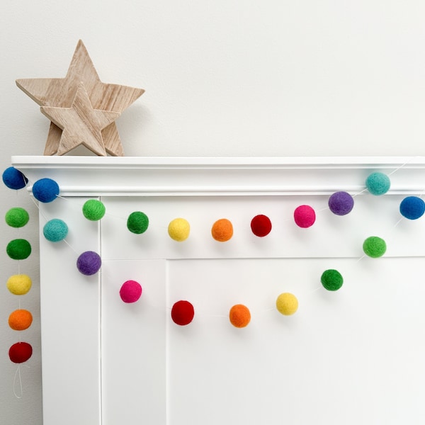 Bright Rainbow Garland - Pom Pom Garland - Nursery Decor - Baby Shower Gift - Party Decoration - Colourful Playroom - Kid Room - Shelf Decor