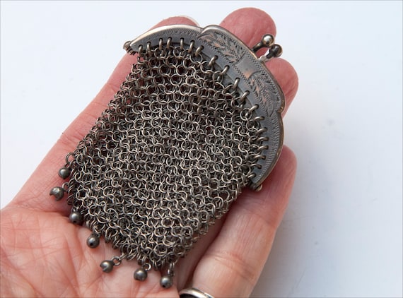 Antique French Silver Chain Mail Purse - Double P… - image 2