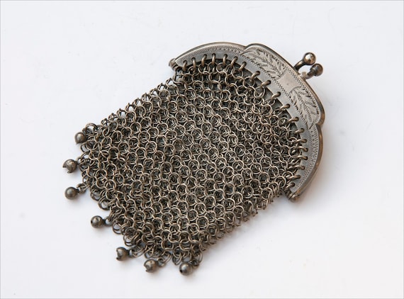 Antique French Silver Chain Mail Purse - Double P… - image 1