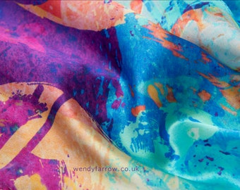 Silk scarf  - vibrant and multicoloured abstract hand-painted designs - long skinny 18 x 180cm - 'Mixed Messages' 01