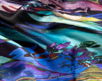 Silk scarf multicoloured abstract - painted designs - square 42cm neckerchief pocket square - rolled hem - 'Dawn Into Day'