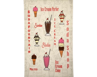 Ice Cream Dreams Tea Towel, linen cotton canvas, ice cream, ice cream parlors, sundaes, 1950s Ice Cream Parlor