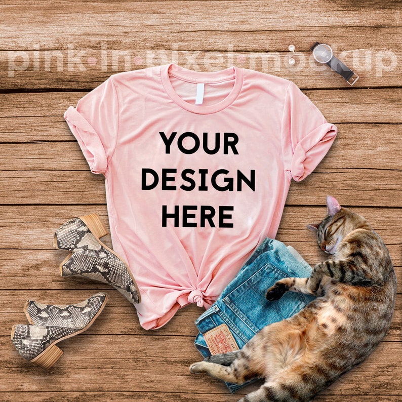 Download MOCKUP pink t-shirt cute cat Mockup shirt wood textures | Etsy