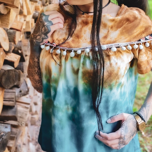 Batik Bommel Shirt | Hippie Shirt | Festival Kleidung | Festival Clothes Women | Boho Clothing | T-Shirt Baumwolle | Sand and Sea