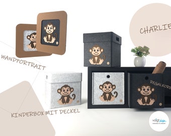 Storage box and wall portrait - children's motif "Charlie" the monkey - box with/without lid - shelf basket felt box basket Ikea shelf Kallax Expedit