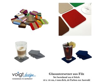 Dessous de verre FEUTRE 10 x 10 cm, lot de 6, 3 mm d'épaisseur, 20 couleurs, dessous de verre en verre, set de table, tasse, bouteille, boissons, bougie, étagère de table, commode