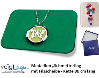 Medallion BUTTERFLY + green felt disc + necklace 80 cm + gift box - optionally with 19 colorful felt discs in the set