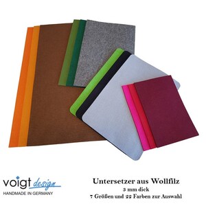 WOLLFILZ Untersetzer 3 mm dick, rechteckig, 7 Größen, 22 Farben, spitze Ecken, Glas Flasche Vase Topf Kerze Tisch Sideboard Regal Kommode