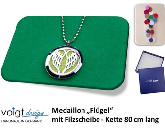 Medaillon FLÜGEL + grüne Filzscheibe + Halskette 80cm + Geschenkschachtel - optional mit 19 bunten Filzscheiben im Set