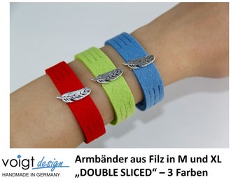 Felt bracelet - DOUBLE SLICED - magnetic clasp platinum feather silver gift size M / XL - Made in Germany