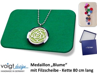 Medaillon BLUME + grüne Filzscheibe + Halskette 80cm + Geschenkschachtel - optional mit 19 bunten Filzscheiben im Set