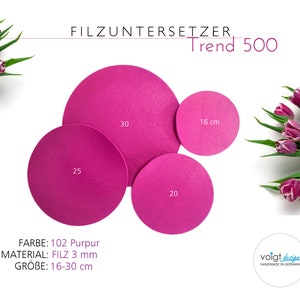 Könnte beinhalten: Set aus drei rosa Filzuntersetzern in den Größen 16, 20 und 30 cm. Die Untersetzer sind aus 3 mm Filz und tragen die Aufschrift "FILZUNTERSETZER Trend 500".