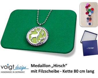 Medallion HIRSCH + green felt disc + necklace 80 cm + gift box - optionally with 19 colorful felt discs in the set