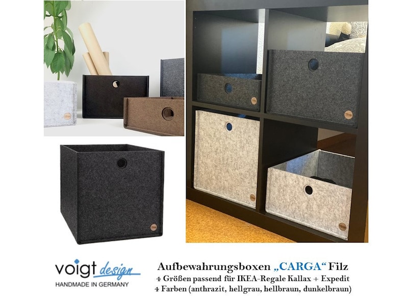 Aufbewahrungsboxen CARGA aus FILZ passend für Ikea Regale Kallax Expedit Büro Schrank Schreibtisch Ordnungsbox Filzkorb 4 Größen 4 Farben Bild 1