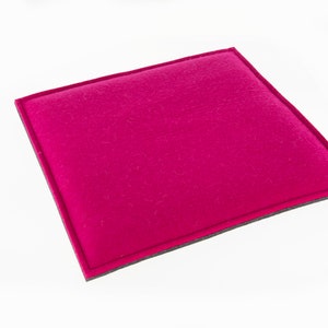 Op de afbeelding: Een felroze viltkussen met een grijze rand. Het kussen is gemaakt van een zacht, pluche materiaal en is perfect om elke kamer een vleugje kleur te geven.