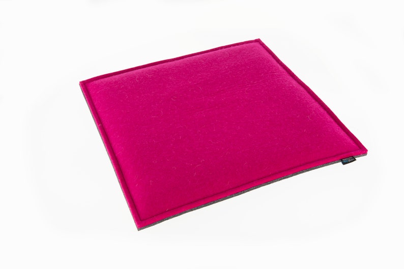 Op de afbeelding: Een felroze viltkussen met een grijze rand. Het kussen is gemaakt van een zacht, pluche materiaal en is perfect om elke kamer een vleugje kleur te geven.