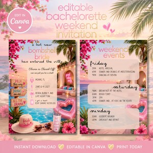 Op de afbeelding: Een digitale uitnodigingssjabloon voor een vrijgezellenweekend met een tropische zwembadvilla, roze bougainvillea, een strooien hoed, hartvormige zonnebrillen en een beker. De tekst bevat de planning voor vrijdag, zaterdag en zondag.