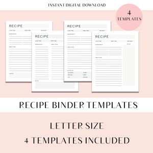 Printable Recipe Binder Template Recipe Card Letter Size Instant Download Digital Print 8.5x11