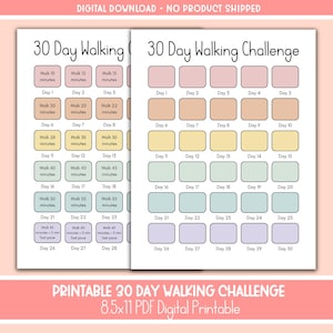 Pode incluir: Um download digital imprimível de um desafio de caminhada de 30 dias com uma grade de retângulos arredondados coloridos. Cada linha exibe uma cor pastel diferente, rotulada do dia 1 ao 30, com texto indicando durações em minutos.