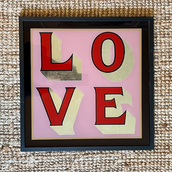 Pink & red 'LOVE' glass sign - Hand painted in the UK, with 18c white gold leaf.