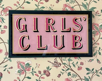 Pink & pale pink 'Girl's Club' glass sign - Hand painted in the UK, with 18c gold leaf.