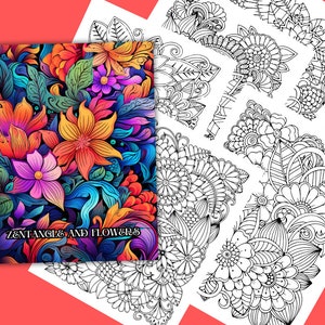 May include: A colorful digital illustration of flowers and intricate patterns. The image is titled "Zentangle and Flowers".