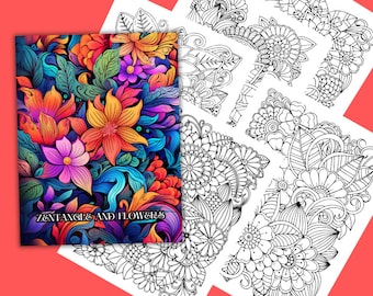 Mandala, Zentangle en bloemen, Kleurplaten voor volwassenen, PDF, Afdrukbare kleurpagina's, Antistressmodellen, Kunsttherapie, laten we kleuren