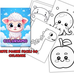 May include: A coloring book with the text "Coloriamo" and "Tante pagine facili da colorare" on the cover. The cover features a cute cartoon lamb with a fluffy white coat and big eyes. The book includes several pages with black and white illustrations of animals, including a dinosaur, a hippopotamus, an octopus, and an apple.