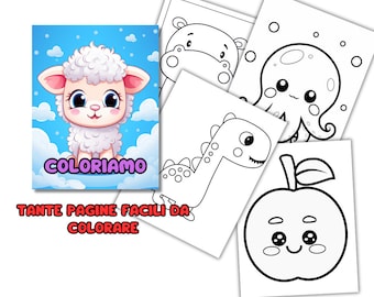 May include: A coloring book with the text "Coloriamo" and "Tante pagine facili da colorare" on the cover. The cover features a cute cartoon lamb with a fluffy white coat and big eyes. The book includes several pages with black and white illustrations of animals, including a dinosaur, a hippopotamus, an octopus, and an apple.