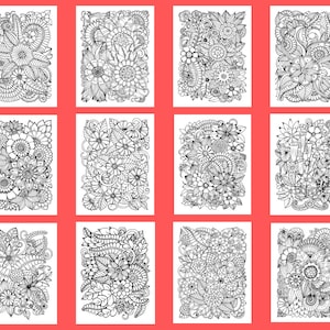 May include: A set of 12 black and white printable coloring pages featuring intricate floral designs. Each page is filled with detailed flowers, leaves, and swirls, perfect for adults or children who enjoy coloring.
