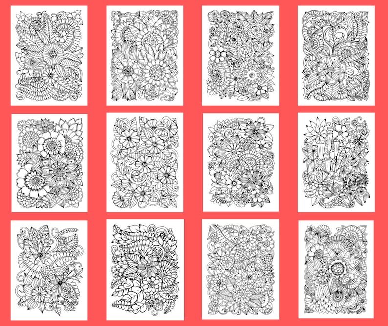 May include: A set of 12 black and white printable coloring pages featuring intricate floral designs. Each page is filled with detailed flowers, leaves, and swirls, perfect for adults or children who enjoy coloring.