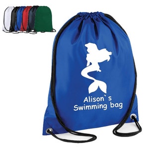 Zaino con borsa con coulisse personalizzata Sirena da nuoto Borsa per kit da nuoto Kit da palestra per sport scolastici regalo per bambini Regalo di compleanno Borsa per kit da nuoto bagnato immagine 1