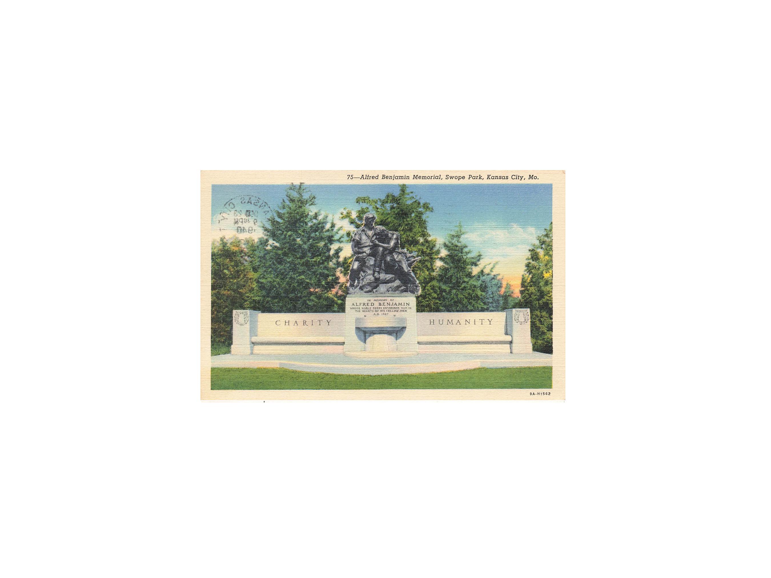 Alfred Benjamin Monument Swope Park Kansas City Missouri Linen Postcard Vintage Travel Souvenir Historic Landmark Collectible