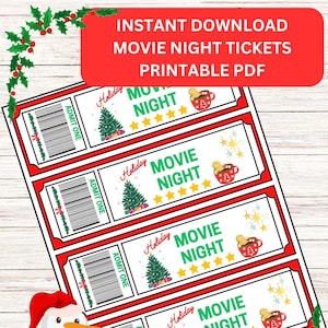 Printable Christmas Movie Night Tickets, Holiday Movie Night, Holiday Movie Tickets, Christmas Movie Night Party, Family Movie Night Tickets