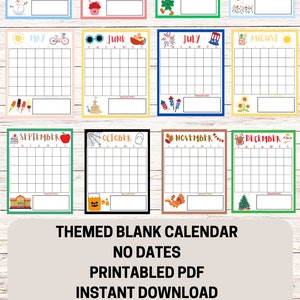 May include: A printable blank calendar with 12 monthly pages, each featuring a different seasonal theme and illustration. The calendar is designed for personal use and includes space for writing in dates and events.