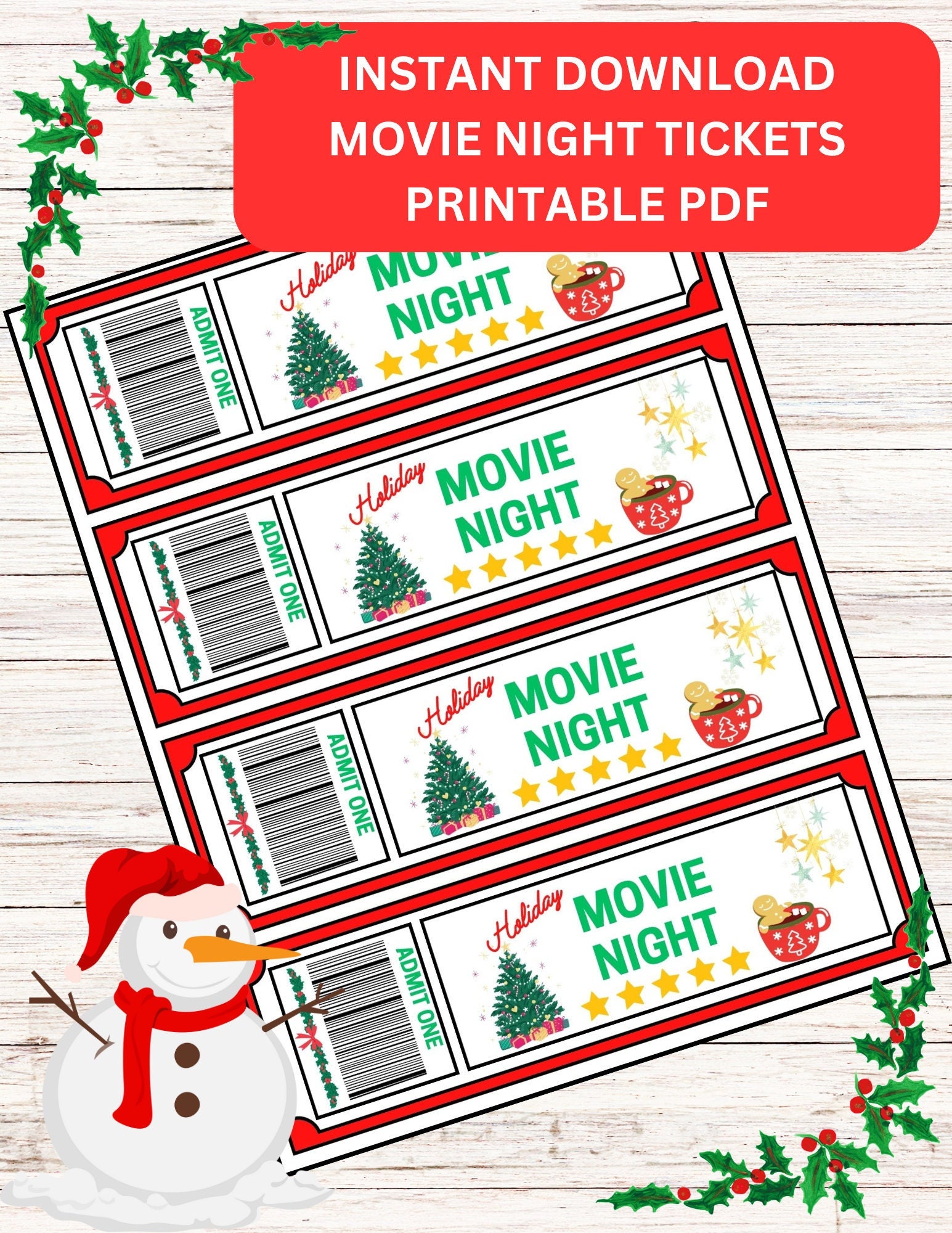 Printable Christmas Movie Night Tickets (PDF) Etsy