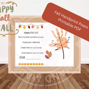 May include: A framed printable PDF with a fall handprint poem. The text reads "Happy Fall Y'all" and includes a handprint illustration with fall leaves and pumpkins. The title "Fall Handprint Poem Printable PDF" is also visible.