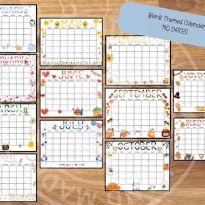 Puede incluir: Un conjunto de doce páginas de calendario mensual sin fechas, cada una con ilustraciones estacionales únicas y el nombre del mes en la parte superior. Un cuadro de texto azul en la esquina superior derecha dice Blank Themed Calendar NO DATES.