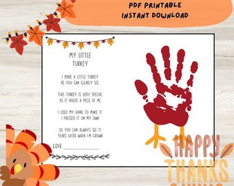 Thanksgiving Turkey Poem Handprint Printable, DIY Turkey Kids Craft, Keepsake Craft for Kids