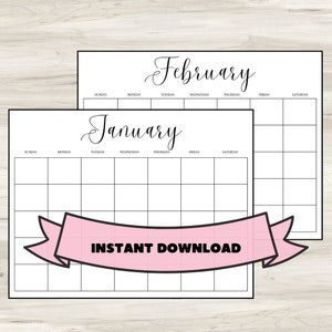 Monthly Blank Calendar, Simple Calendar, Horizontal Printable Calendar, PDF Printable, Instant Download, Printable Calendar