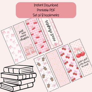 Printable Bookmarks Bundle, Coquette Bookmarks, Girly Bows Bookmark Digital Download, Cherry Bookmark, Strawberry Bookmark, Bow Bookmark
