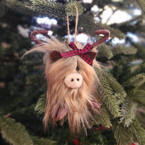 Farmhouse Highland cow ornament decor Christmas gift buffalo plaid