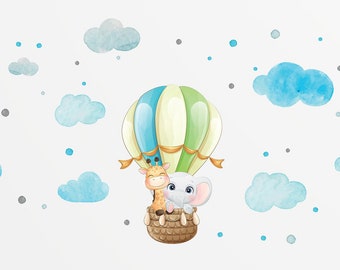 Animals Hot Air Balloon Textured Wall Decal, Watercolour Nursery Decor, Animals Wall Stickers, Elephant Decal, Giraffe Wall Decal